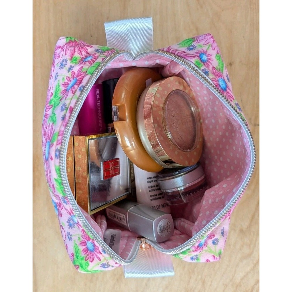 Embroidered MAKEUP Cosmetic Toiletries Pink Aster + Matching Key Fob SET - Picture 2 of 11
